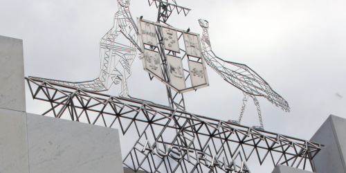 Australia's coat of arms on Parliament house.