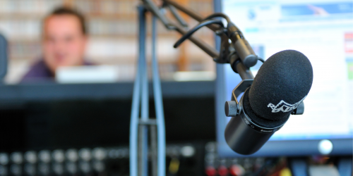 Mounted microphone with studio in the background