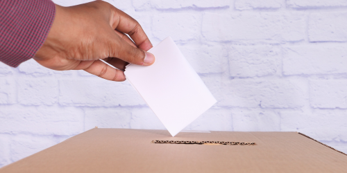 A hand holding piece of paper being inserted into a cardboard ballot box.